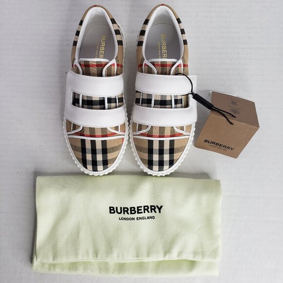 New Burberry Kids Size 33 EU / 2 US Archive Beige Mark Low-Top Check Sneakers - Picture 1 of 8